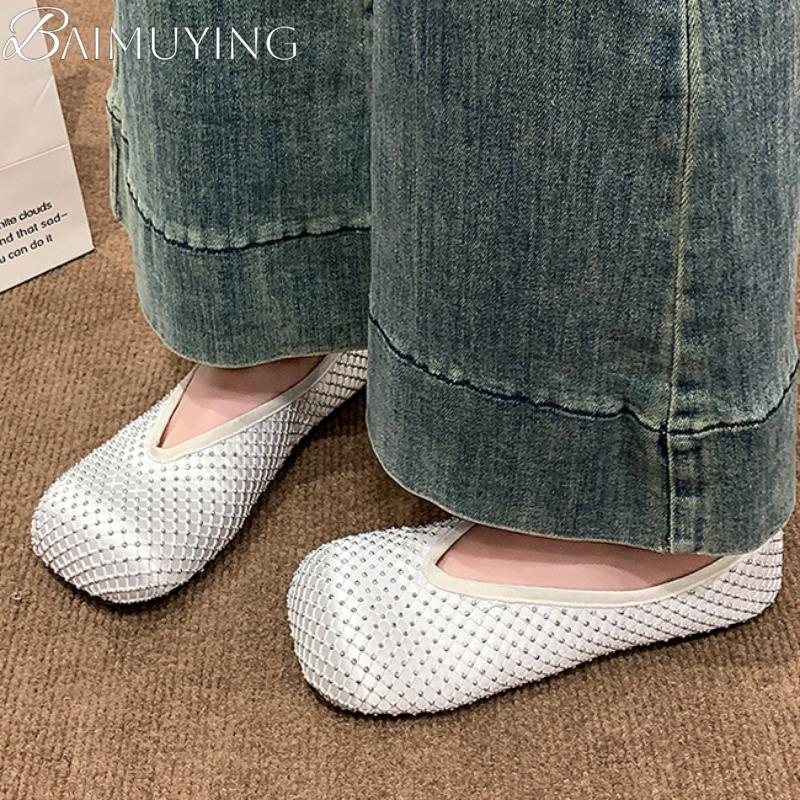 Fashion Flats Ballet Shoes Women Sandals Mesh Crystal Square Toe Mary Jane Summer New 2025 Design Shallow Loafer Dress Casual Sandalias