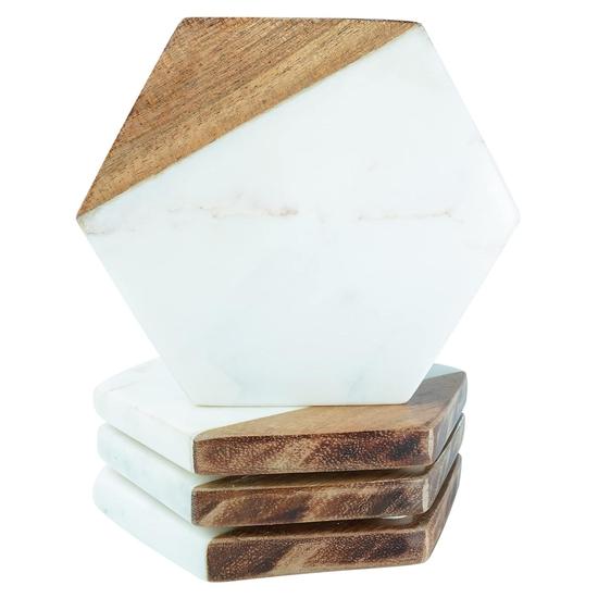 Crocon Marble & Wood Coaster Set Hexazon Shape Coaster Suitable for Home Table Cocktail Tea Coffee and Drink Coaster Size :- (9 X 9 X 1.7)