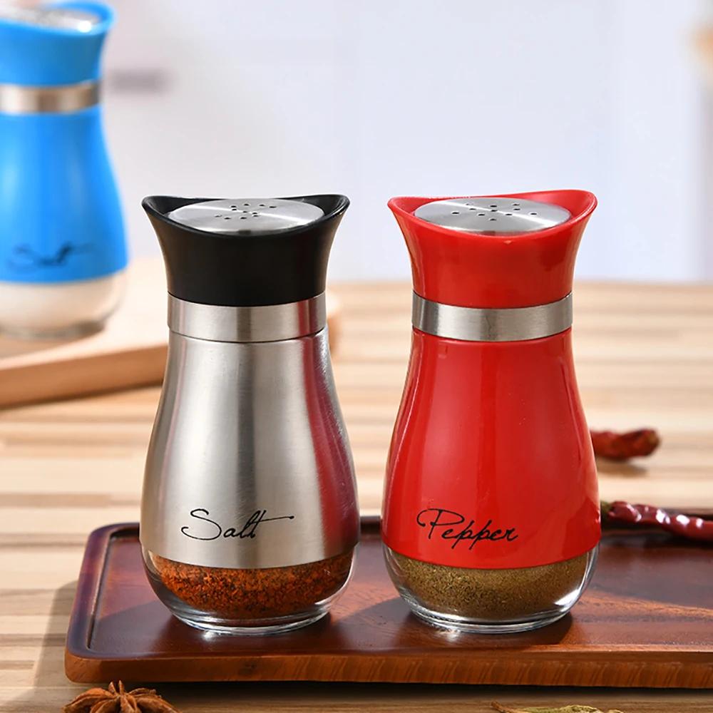 Cute Salt And Pepper Stainless Steel Glass Bottom Spice Dispenser Sea Salt Sugar Refillable Pepper Seasoning Cans Spice Jar
