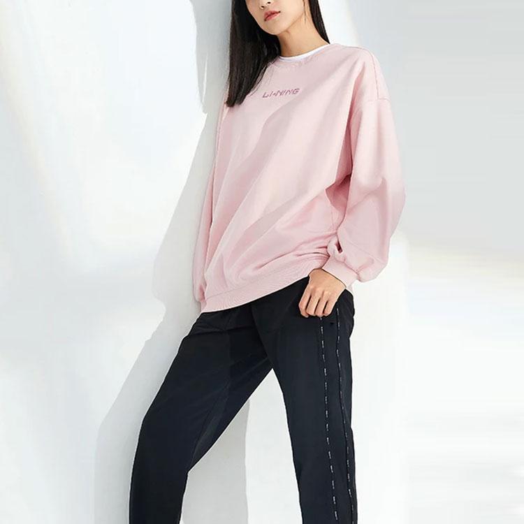 Li Ning Training Series Rhinestone Logo Sports Round Neck Fleece Warm Pullover Sweatshirt Winter Women Sweatshirt Pink AWDRD44-7