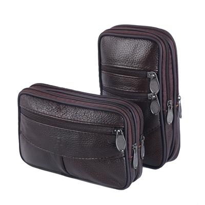 Riñonera de Cuero Genuino para Hombre con Doble Cremallera para Teléfono, Bolsillo para Cinturón con Múltiples Bolsillos con Cremallera, Billetera de Gran Capacidad