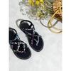 Sandali alla moda da donna bohémien con cinturino intrecciato, motivo floreale, vestibilità elastica, design open-toe, tacco piatto, tomaia e interno in tela, suola in gomma