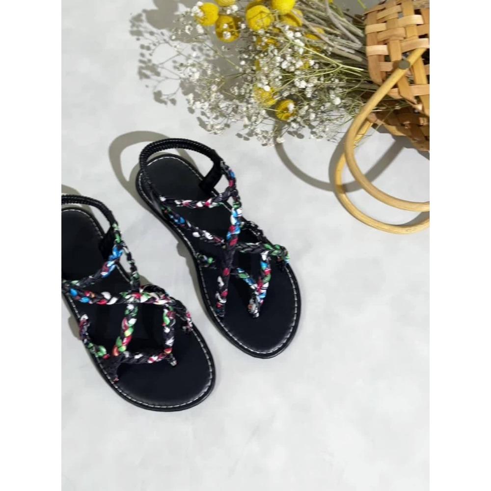 Sandali alla moda da donna bohémien con cinturino intrecciato, motivo floreale, vestibilità elastica, design open-toe, tacco piatto, tomaia e interno in tela, suola in gomma