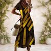 Women Plus Size V Neck Short Sleeve Black White Printed Straight Maxi Dress
