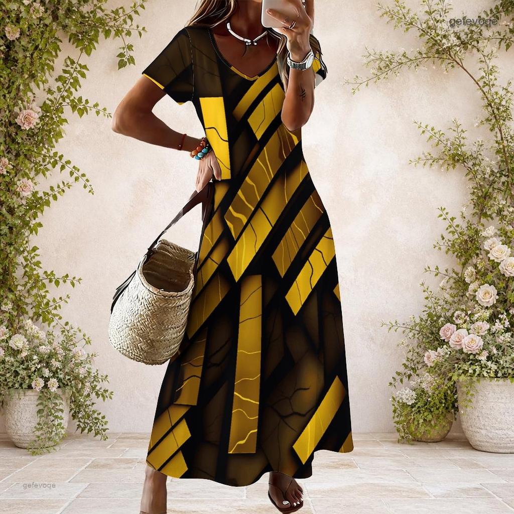 Women Plus Size V Neck Short Sleeve Black White Printed Straight Maxi Dress