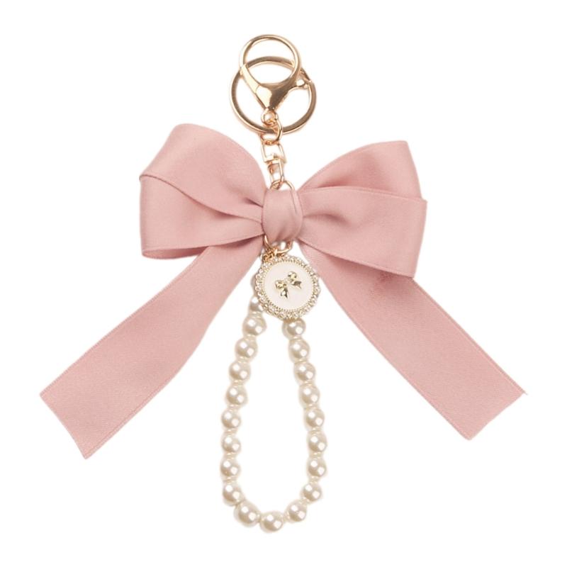 Elegant Pearl Chain Keychain with Large Ribbon Bowknot Pendant Stylish Keychain for Women and Girls Bag Decoration