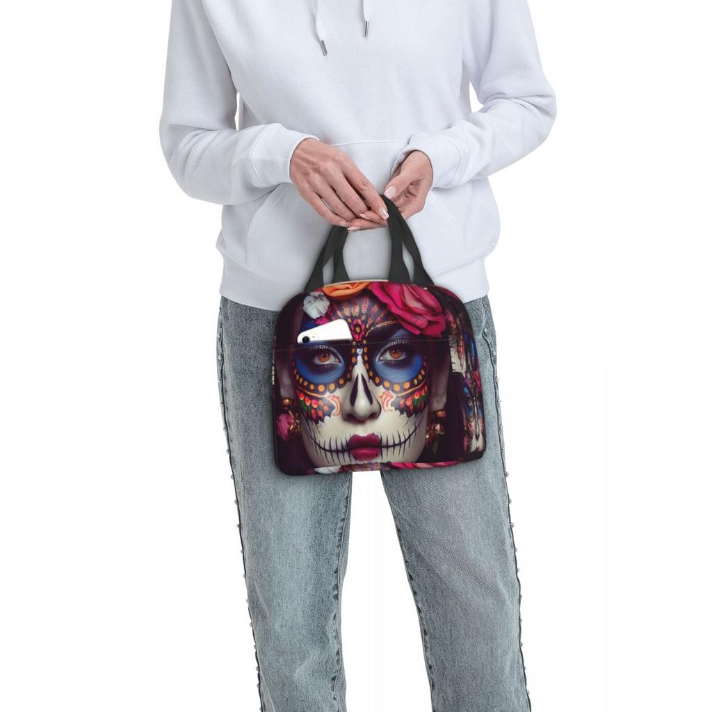 Mexican Catrina Girl Day Of The Dead Sugar Skull Insulated Lunch Bag for Women Children Food Boxes Thermal Lunch Box Tote