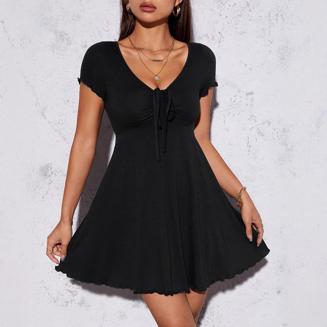 

Летнее сексуальное платье с V-образным вырезом, мини-юбкой А-силуэта, короткими рукавами, универсальное платье с бантом, однотонные платья, эластичный повседневный облегающий пуловер XL