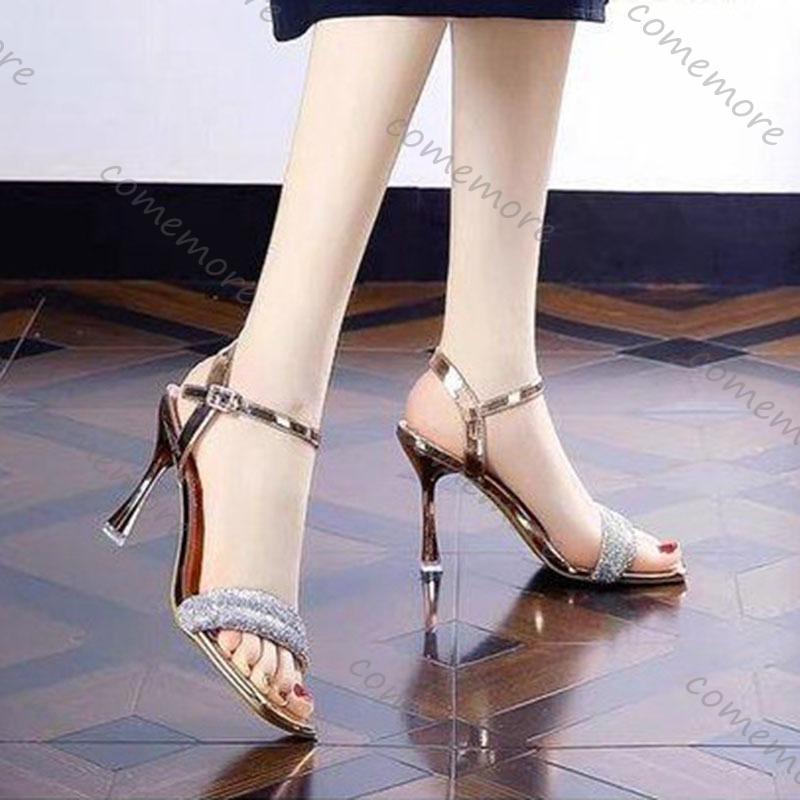 Fashion Comemore Silver Rhinestone Open-toe High-heeled Sandals for Women Sexy Thin Heel Ladies Summer New Square Toe Sandales Femmes