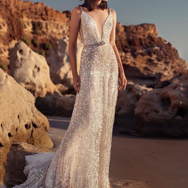 Suer New Women's Wish Dress V-neck Sleeveless Waist Silver Sequined Suspender Dress