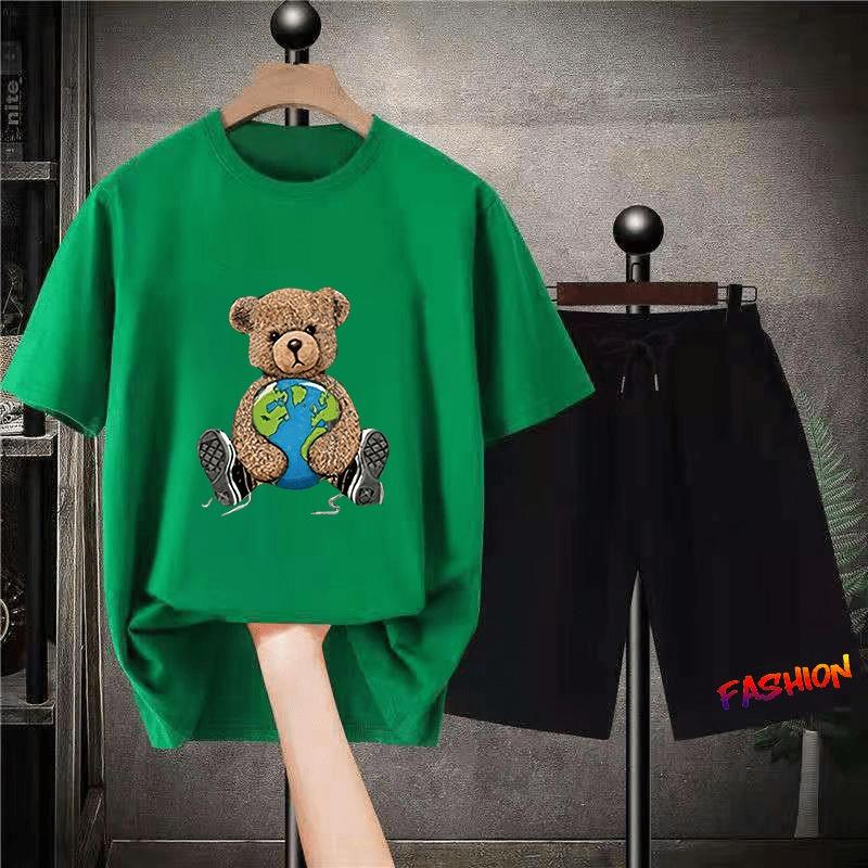 Korean Brand Bear Print T-shirt Men's Cotton Short-sleeved Oversized T-shirt Hip-hop Retro Suit Unisex Free Shipping