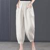 Summer Casual Cotton Linen Pants Women Retro Pockets Loose Harem Pants Woman Solid Elastic Waist Trousers Female