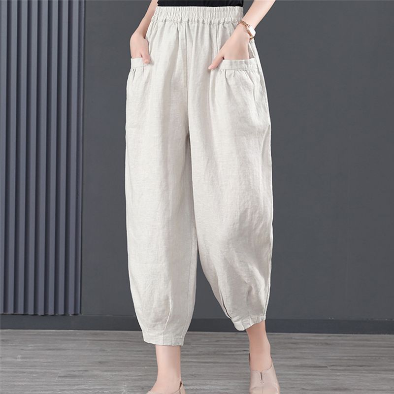 Summer Casual Cotton Linen Pants Women Retro Pockets Loose Harem Pants Woman Solid Elastic Waist Trousers Female