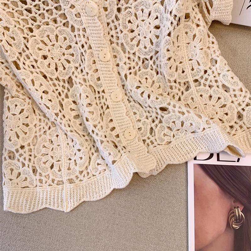 Vintage V Neck Handmade Crochet Knit Cardigan Women Summer Fashion Hollow Out Design Casual Versatile Loose Slimming Blouse