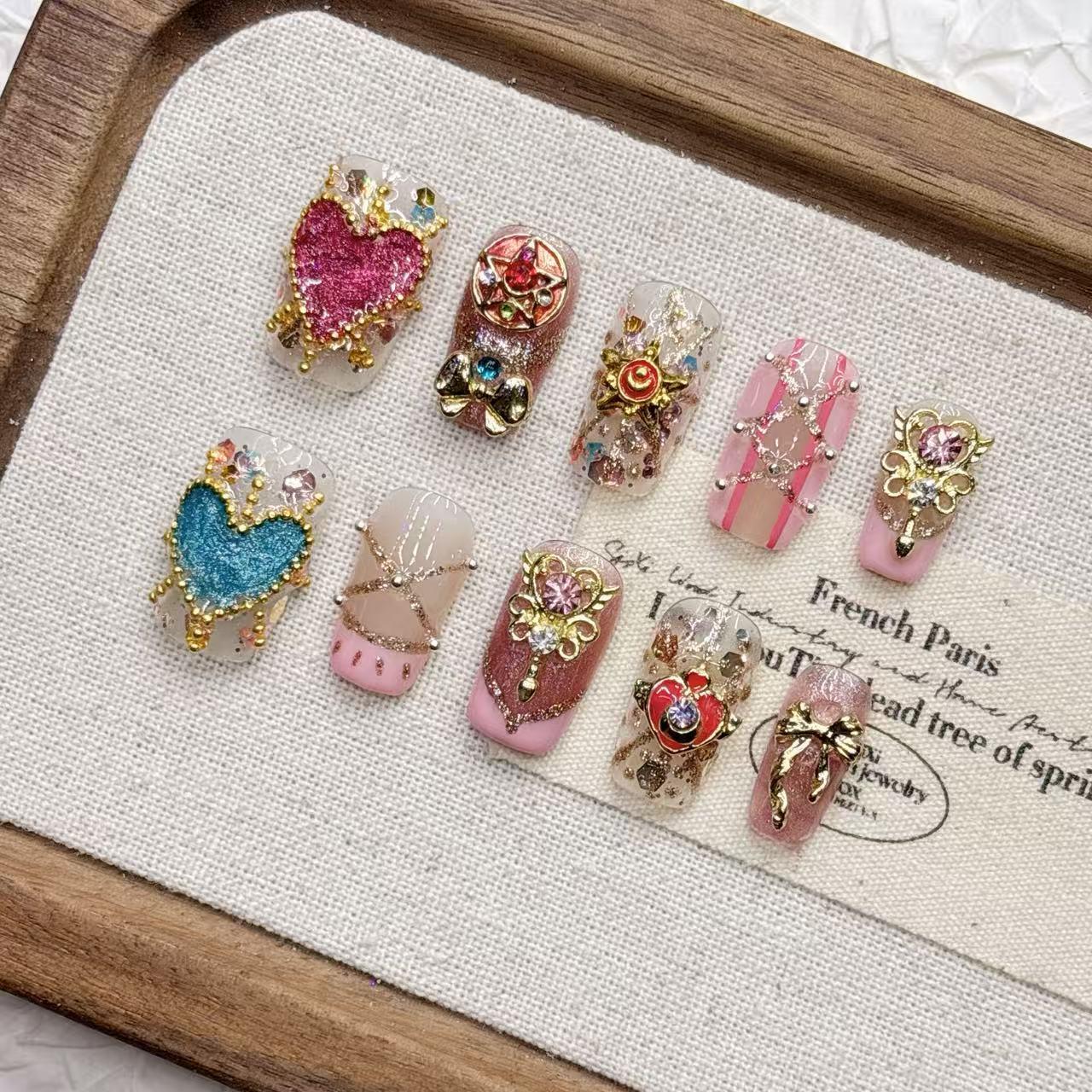 Pink Spicy Beauty: Luxury Rhinestone Short Almond Wearable Nail Art