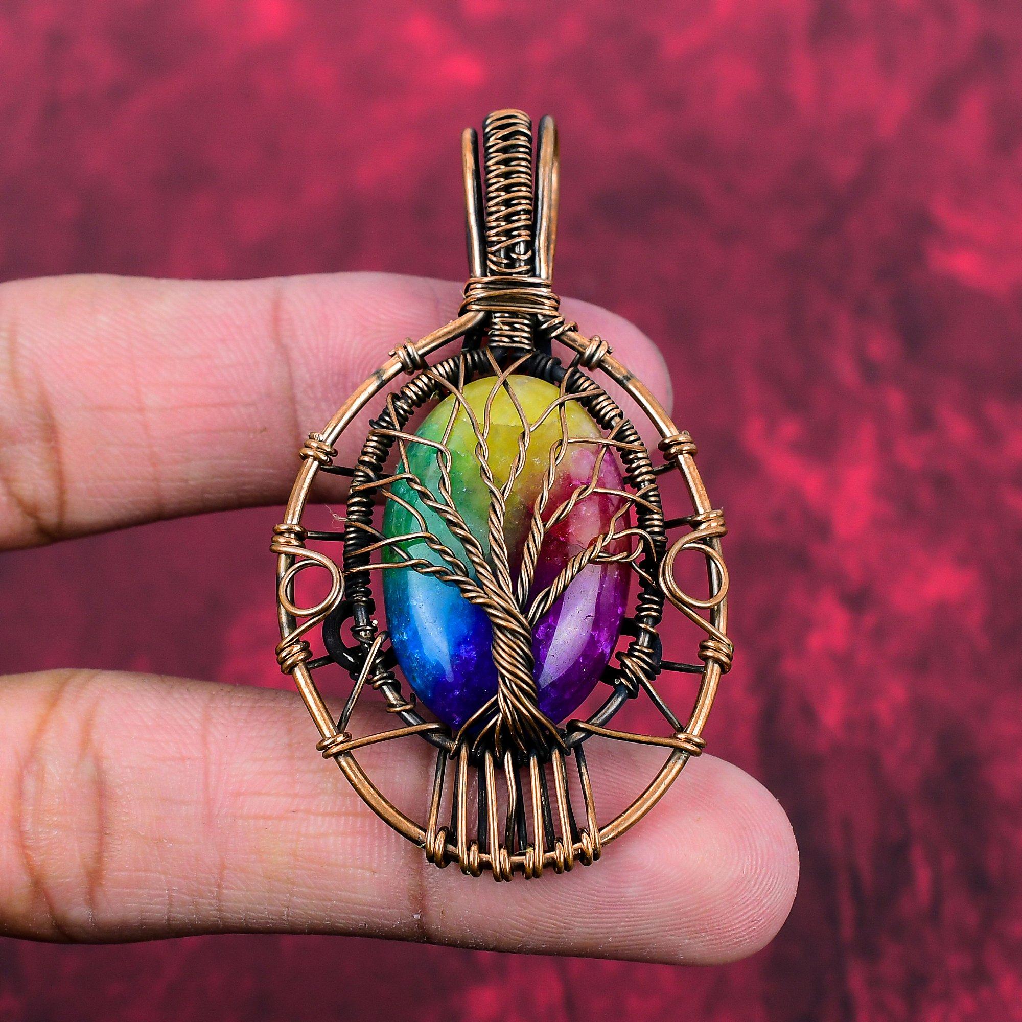 Tree Of Life Rainbow Solar Quartz Druzy Pendant Copper Wire Wrapped Gemstone Pendant Handmade Pendant Dainty Copper Jewelry Engagement Gifts