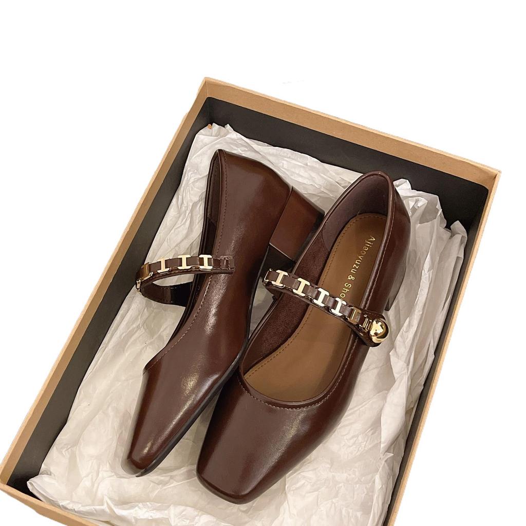 Women's French Retro Square-Toe Mary Janes - Spring Fashion Chain Chunky Heel Low-Cut Leather Shoes