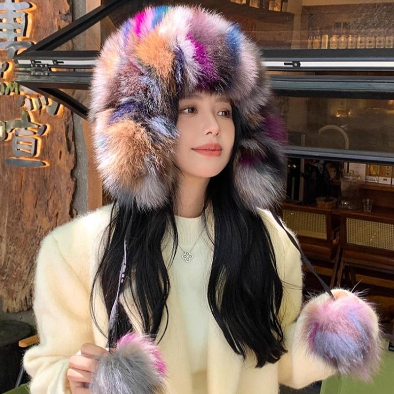 Real Fox Fur Ear Protection Hat Cute Hairball Cold Cycling Hat Warm and Fleece Knitted Wool Hat Basin Hat