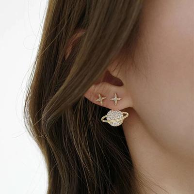 Diamond-set Asymmetrical Planet Earrings, Golden Mars Creative Design S925 Silver Needle Star Earrings.