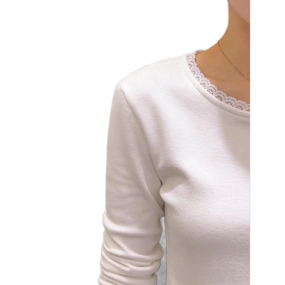Women's Slim Fit White Lace Trim Long-Sleeved T-Shirt, Round Neck, Korean Style, Perfect Base Layer for Early Autumn