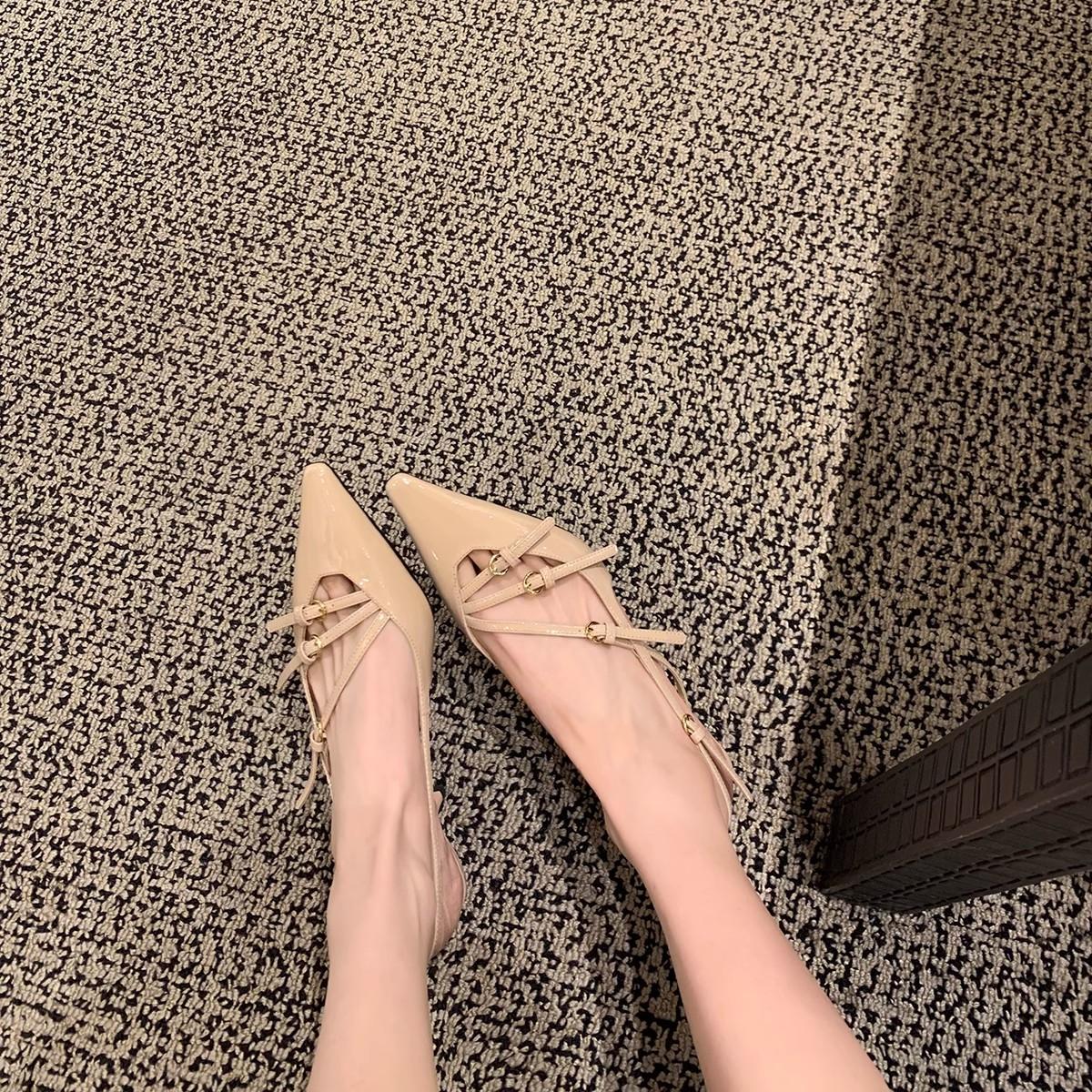 

Модные туфли с пряжкой и узким ремешком на плоской подошве, женские, 2024, новые летние сандалии для платья, женские туфли-лодочки с острым носком и тонким каблуком 34 абрикосовый