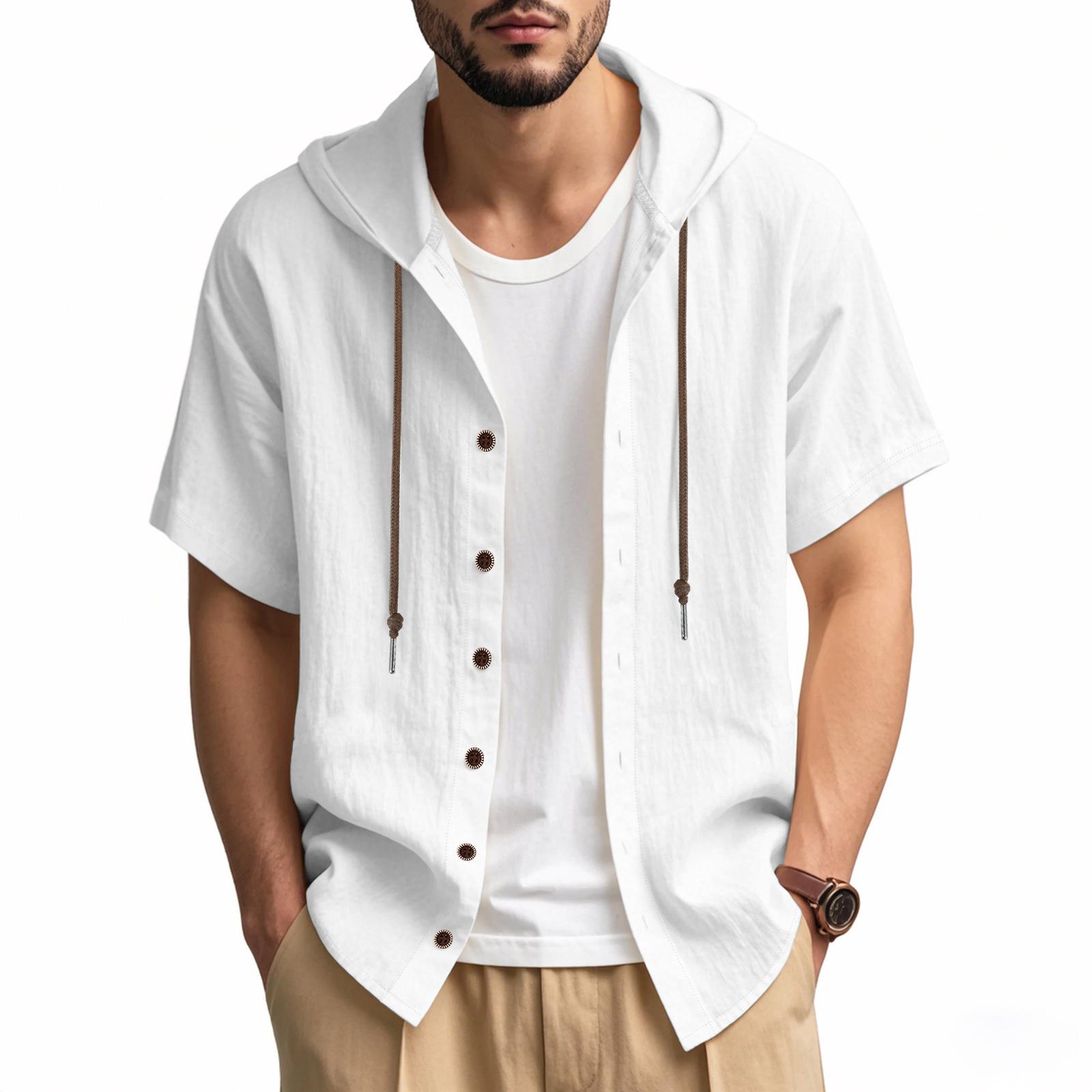 Men Linen Blend Hooded Button Up Short Sleeve Casual Loose Shirt S