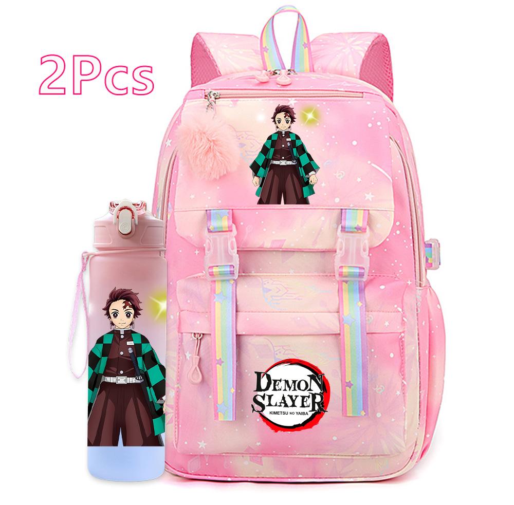 2Pcs/set Cartoon Demon Slayer Printed Backpack with 750Ml Water Bottler for Teenager Bookbag Large Capacity Waterproof Travel Bag