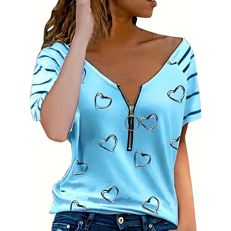 SummerSpring Geometric Printed Pattern Women's Zipper Printed Short Sleeve T-shirt