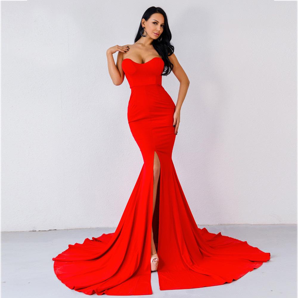 2023 European & American Style Women's Solid Color Fishtail Bandeau Evening Dress
