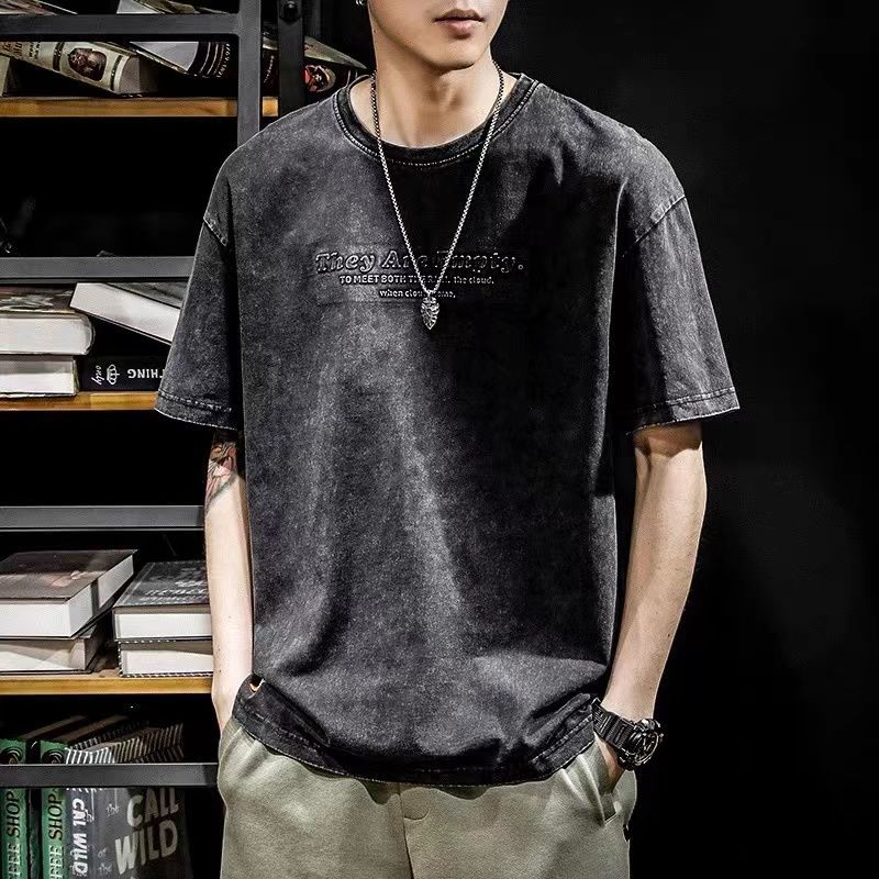 

WTEMPO Brand Летняя хлопковая футболка с короткими рукавами Мужская свободная модная футболка большого размера с коротким рукавом и круглым вырезом с баской 3XL чёрный