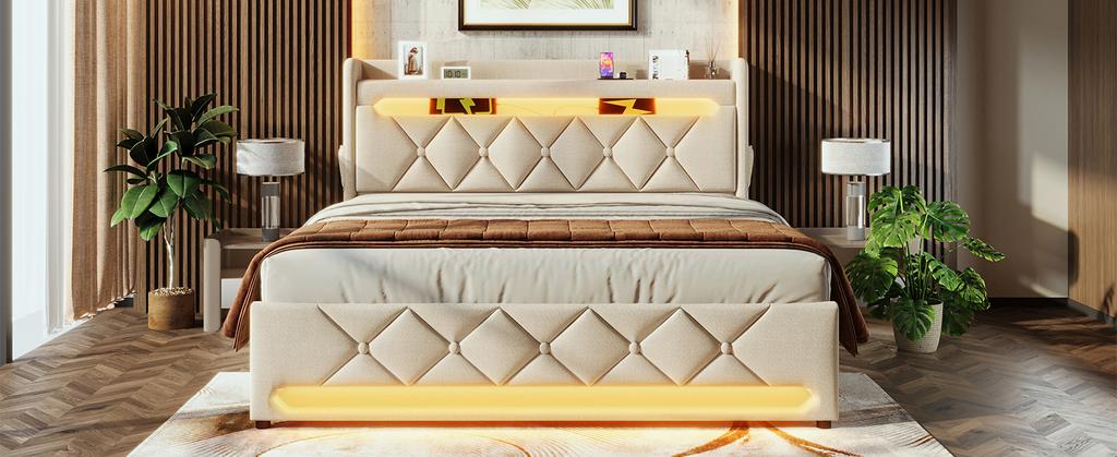 Upholstered Double Bed 140*200, Storage Headboard, USB and Type C Port, 360 Surround LED Head and Foot, Hydraulic Storage, Beige, Linen (No Mattress)