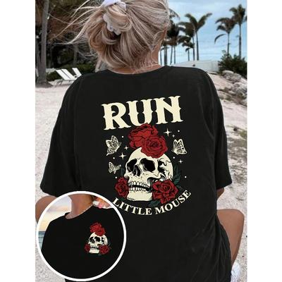 European Sizes Skull Rose Dark Romantic Book Lover Front And Back Pattern Print Fashion Casual Short Sleeve, Spring And Summer Fitted Version