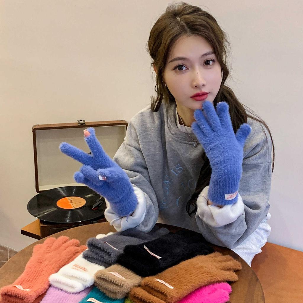 Soft waxy plush knitted gloves high-end ins warm dew fingers cold-proof five-finger gloves versatile