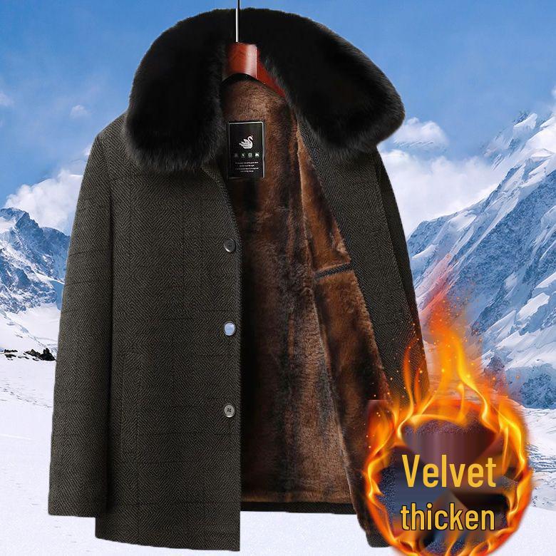 Men's Mid-Age & Elder Plus Velvet Thick Wool Coat - Winter Mid-Length Overcoat for Dad & Grandpa