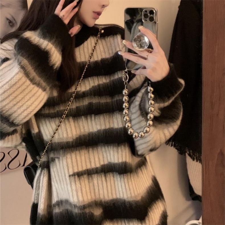 Loose Design Crewneck Pullover Knitted Sweater Color Contrast Long Sleeve All-match Sweater Women's Top