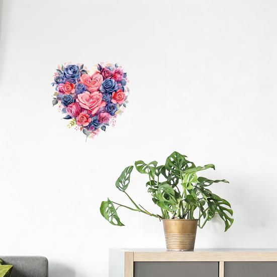 Watercolor Rose Heart Wall Stickers, Peel And Stick Pink Blue Floral Decals, Removable Waterproof PVC Flower Stickers for Bedroom Living Room