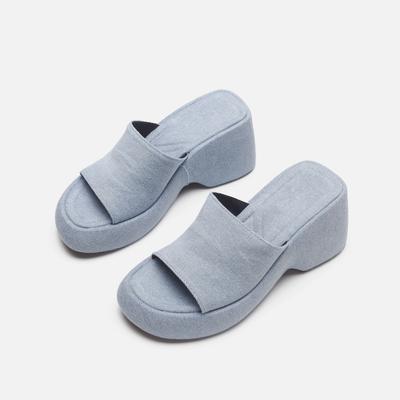 Damen Square Toe Open Toe Schuhe Keilabsatz Denim Riemchensandalen Retro Design Eckige Hohe Absätze Sandalen