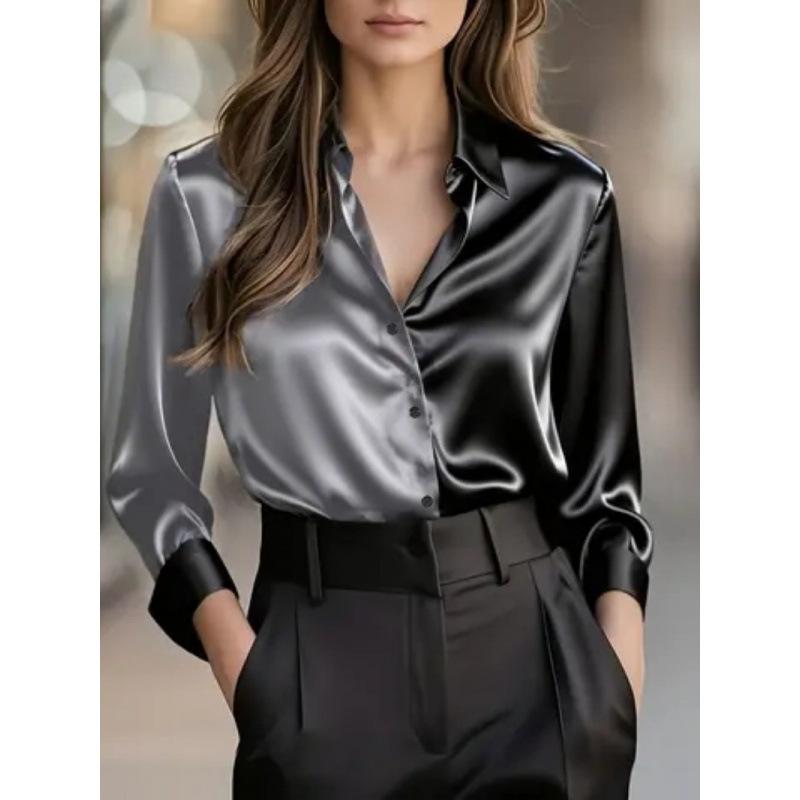 Spot 2025 New Elegant and Fashionable Double-Colored Lapel Button-Down Shirt for Women
