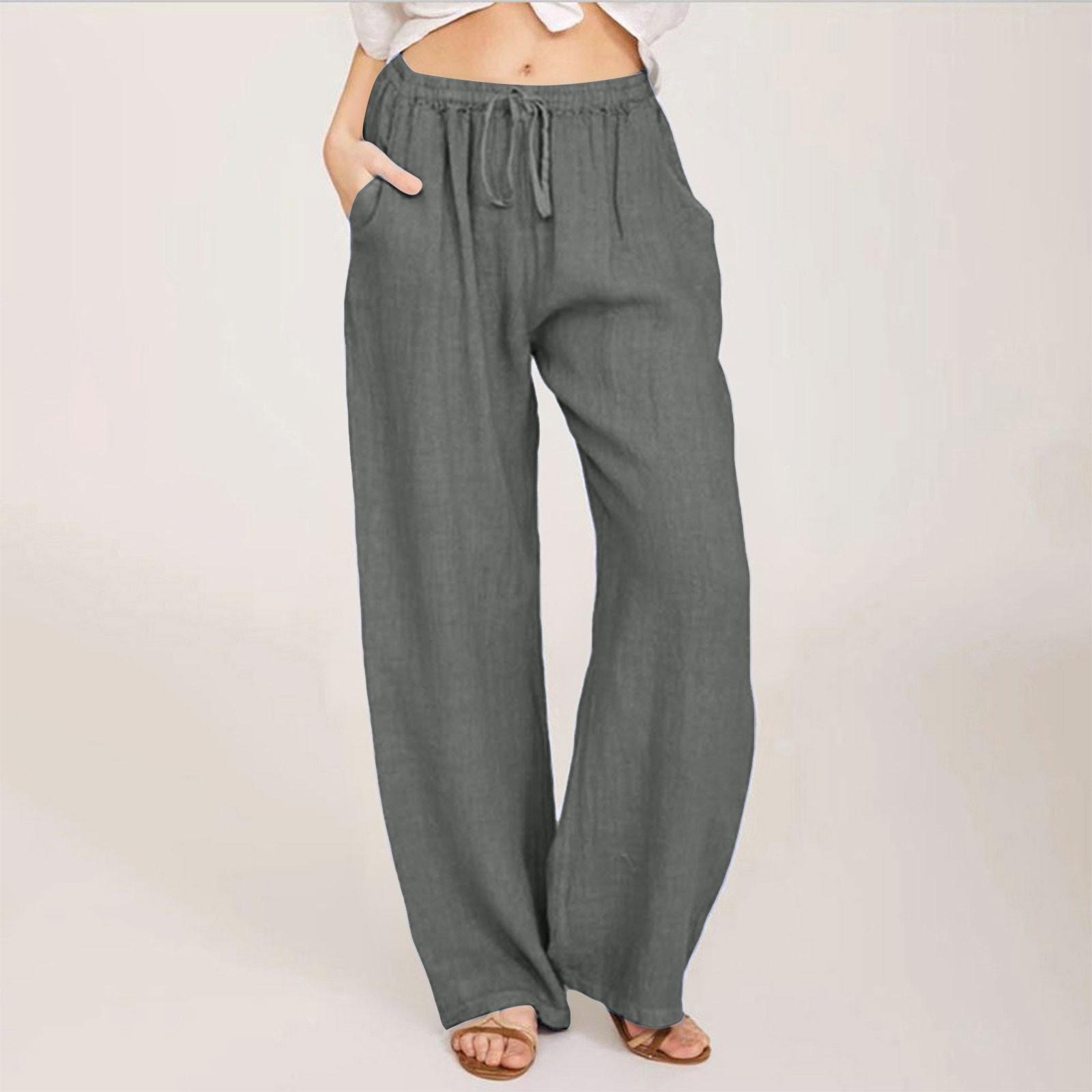 Women s Casual Cotton Linen Elastic Waist Drawstring Wide Leg Long Pants XXL