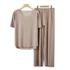 2Pcs/Set Summer Pajamas Set O-Neck Short Sleeve Tee Shirt Elastic Waist Long Pants Set Ice Silk Solid Color Sleepwear