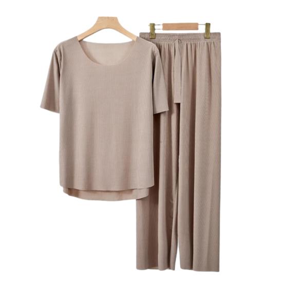 2Pcs/Set Summer Pajamas Set O-Neck Short Sleeve Tee Shirt Elastic Waist Long Pants Set Ice Silk Solid Color Sleepwear