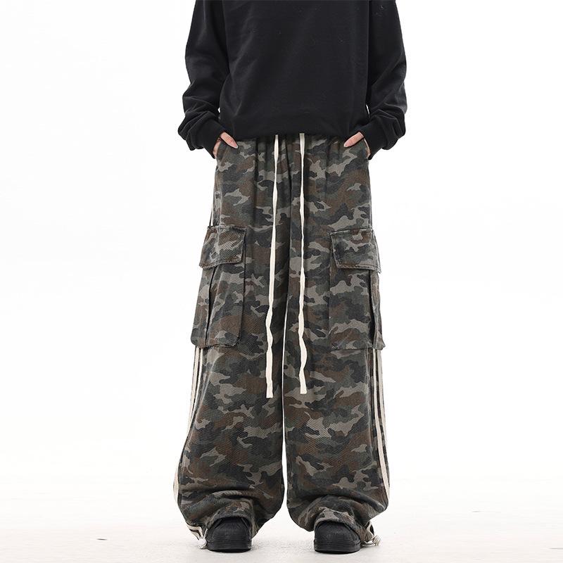 Women's Retro Camo Striped Overalls - Loose Fit, Wide-Leg, Large Pockets, Trendy Neutral Style