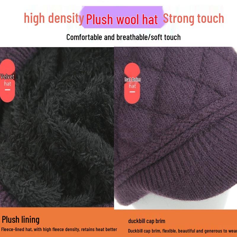 Warm Velvet Wool Beret for Middle-Aged & Elderly - Fashionable, Solid Color, Thick Knitted Winter Hat with Short Brim