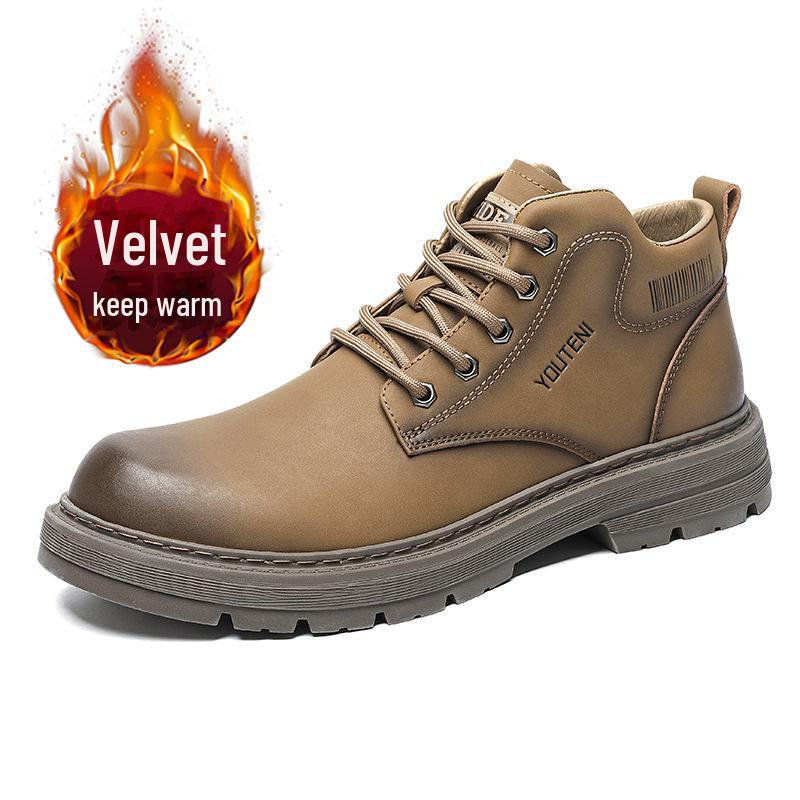 Men's High-Top Leather Martin Boots, 2024 Autumn/Winter, Plus Velvet, Warm Mid-Top Work Boots