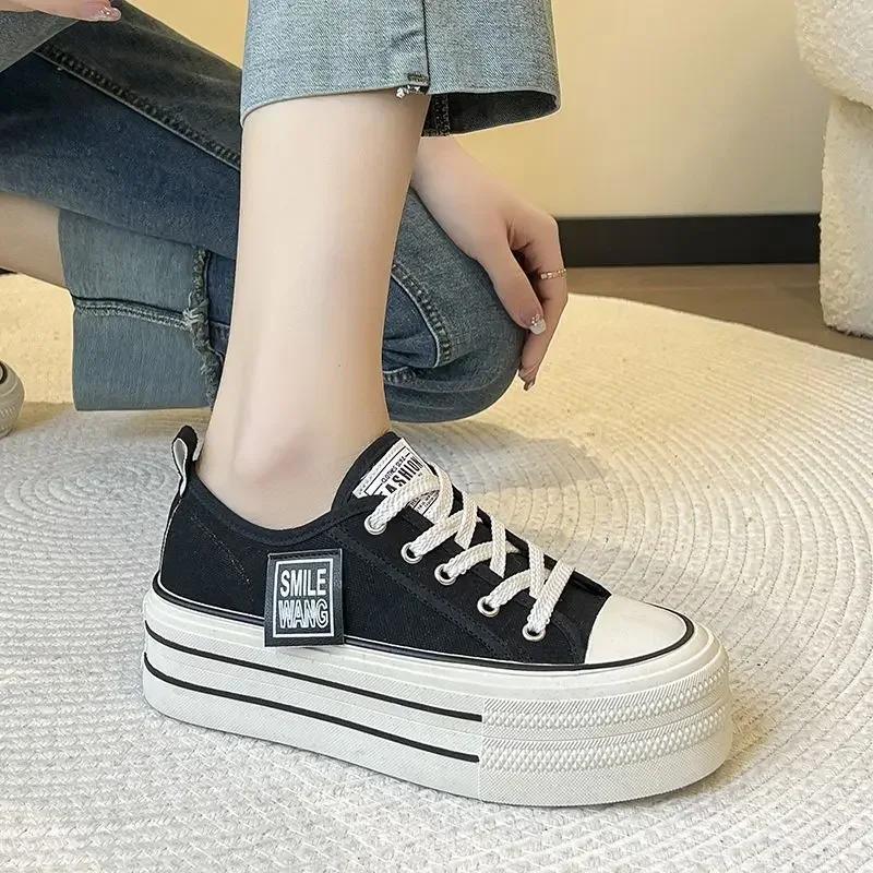 Fashion Women Thick Soled Canvas Shoes for Women Korean Version Lace Up Low Top High Rise Board Shoes Platform Sneakers Vulcanize Shoes