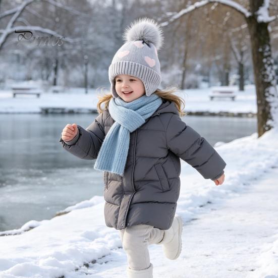 Elastic Ear Protection Cap Kids Winter Knit Hat, Warm Soft Cute Pompom Cozy Gift for Children Heart Pattern, Earflap Hat Boys Girls Toddlers Pom