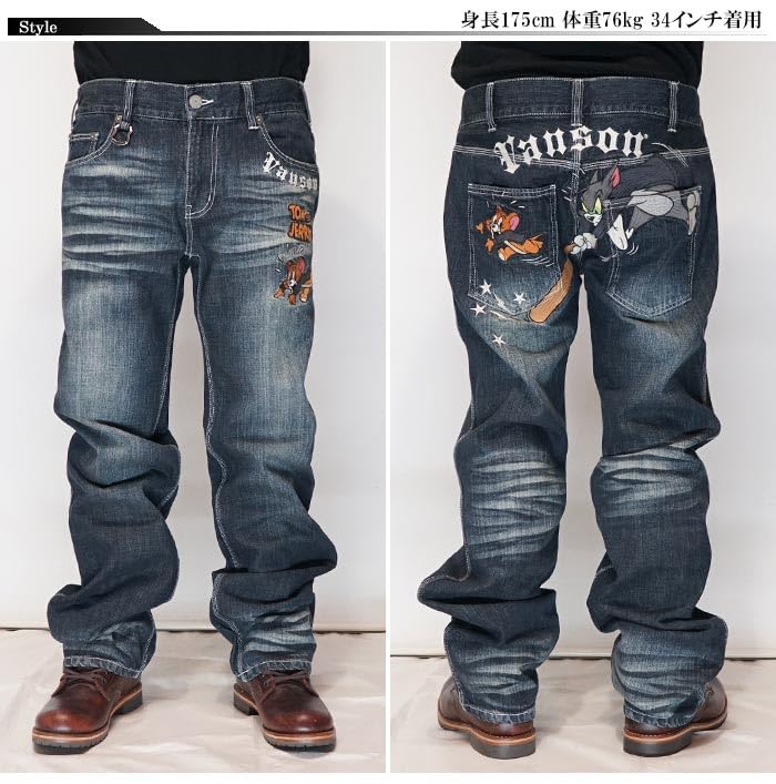 Vanson Tom Jerry Collaboration Embroidered & Men's Jeans, Denim, TJV-2516, Indigo-34