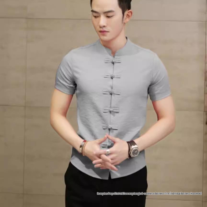 Men's 2024 Summer Chinese Style Frog Button Stand Collar Short Sleeve Plus Size Shirt
