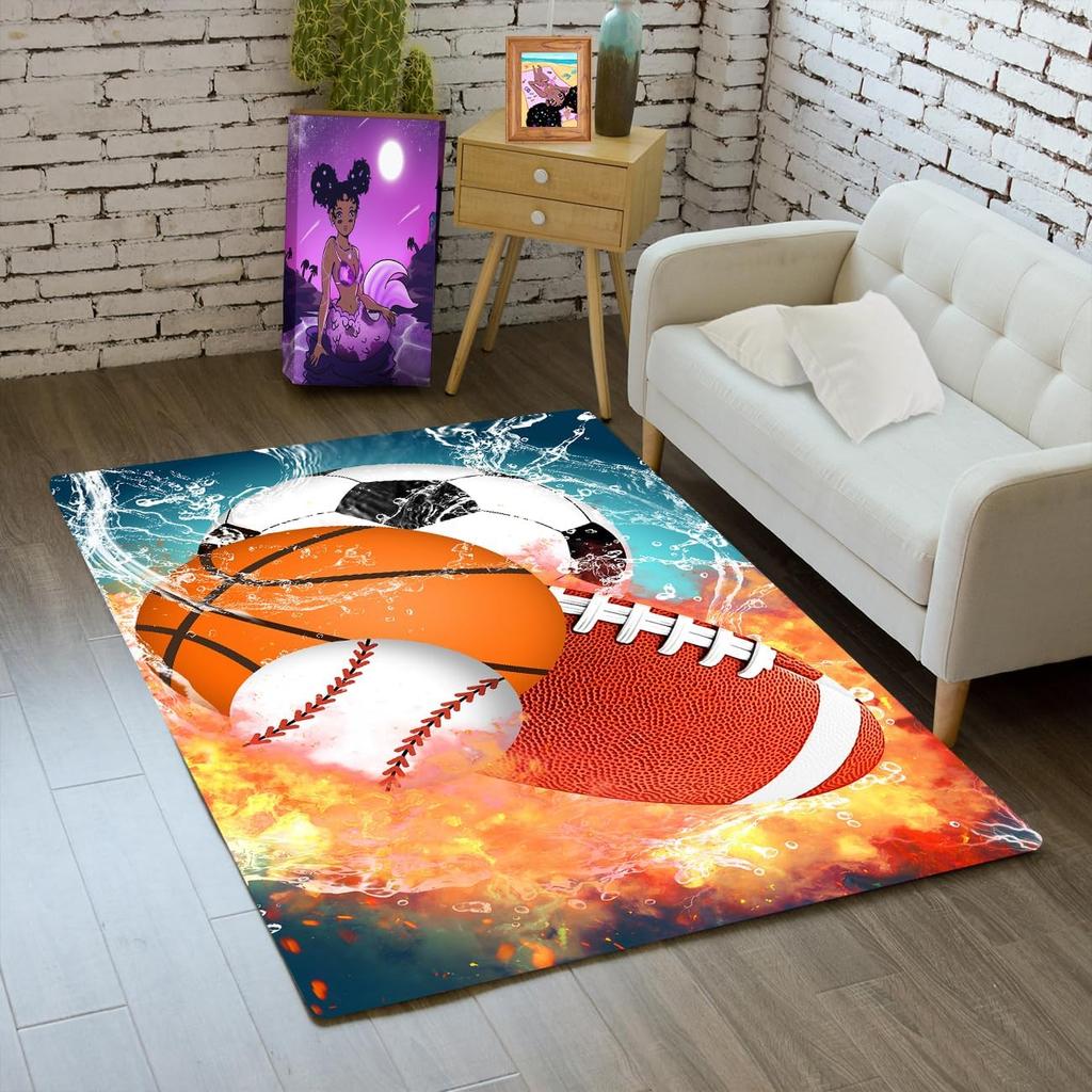 Basketball Rug for Boys Bedroom Kids Football Carpet Water Fire Sports Rugs for Boys Bedroom Baseball, Soccer Rug for Playroom