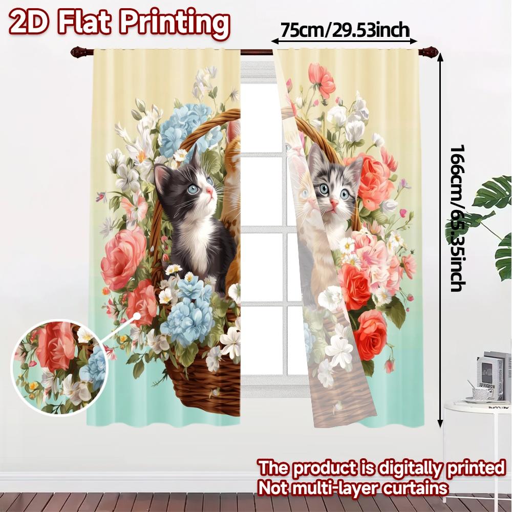 2pcs, 2D FLAT PRINTING Curtains (Without Rod) KittenBouquet Popular Fashionable Curtains Polyester Curtains Home Decor